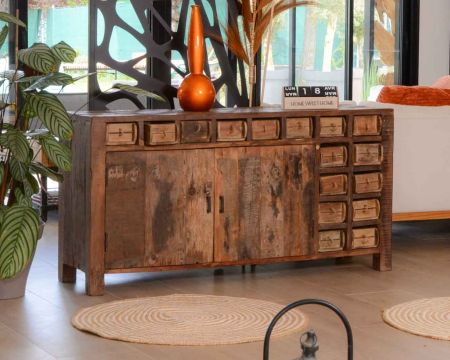 Buffet etnico basso in legno esotico grezzo di recupero 150 cm "Nepalese