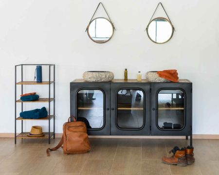Mobile da bagno in metallo nero "Atelier Kraft" in legno massiccio e vetro