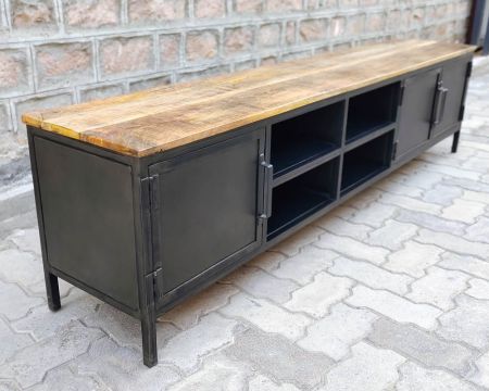 Porta TV da laboratorio "Dowtoun" in metallo nero e legno 220 cm