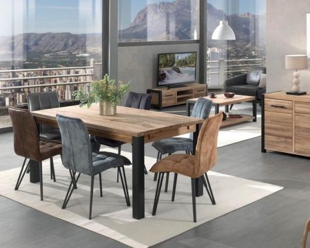 Credenza indus "Catania" in rovere massiccio e metallo nero a 2 ante e 3 cassetti