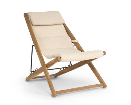 Poltrona perla regolabile in tessuto bouclé écru "Alizé" in teak massiccio