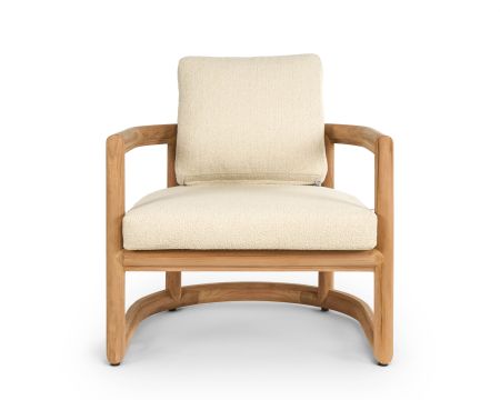 Poltrona da giardino avvolgente "Alizé" in teak massiccio con cuscini in bouclé color écru