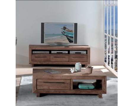 Grande porta TV a 3 cassetti in teak massiccio di recupero "Oregon" Casita
