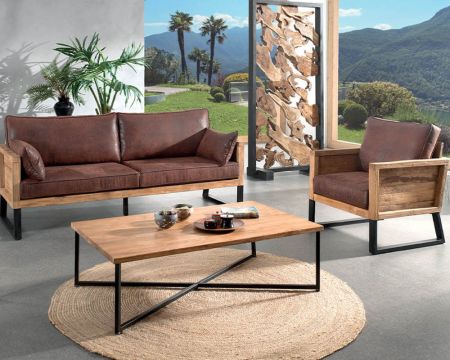 Divano 2 persone "Roster" in legno di teak e tessuto in similpelle