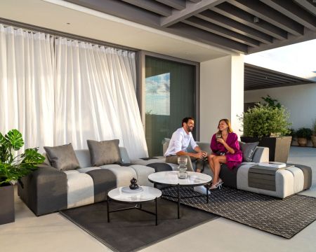 Divano da esterno in tessuto Sunbrella "Lazy Beach" con angolo sinistro bicolore grigio