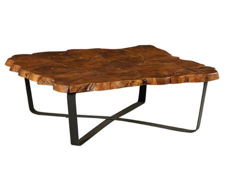 Tavolino quadrato "Palaos" con piano in teak di recupero e gambe in metallo incrociate