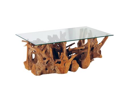 Tavolino rettangolare in teak "Roots" con piano in vetro