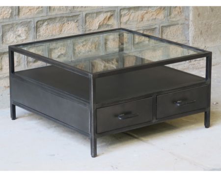 Tavolino quadrato in metallo e vetro "Black Cook" 85 cm