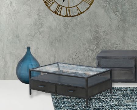 Tavolino di fabbrica da 120 cm "Black Cook" in metallo e vetro