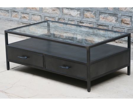 Tavolino di fabbrica da 120 cm "Black Cook" in metallo e vetro