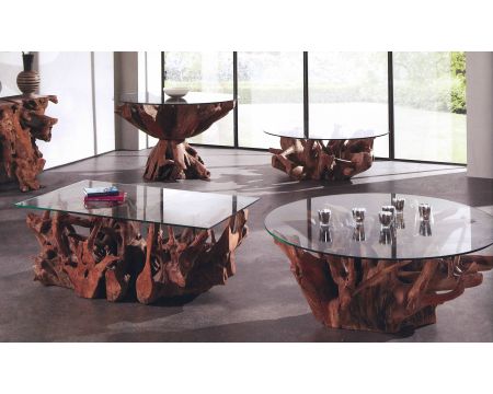 Tavolino rettangolare in teak "Roots" con piano in vetro