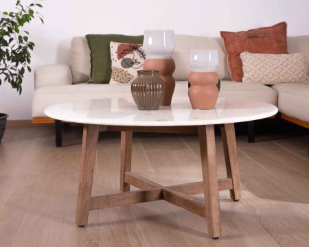 Tavolo rotondo in marmo Lor" 90 cm con gambe inclinate in mango massiccio