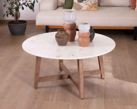 Tavolo rotondo in marmo Lor" 90 cm con gambe inclinate in mango massiccio