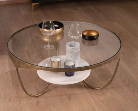 Tavolino doppio rotondo "Gilt Antique" in marmo, ottone inciso e vetro