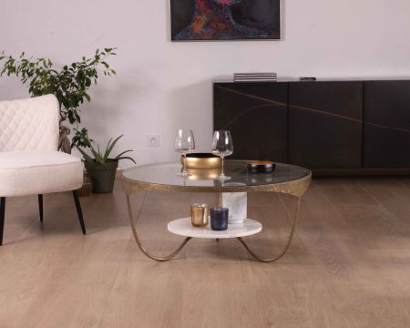 Tavolino doppio rotondo "Gilt Antique" in marmo, ottone inciso e vetro