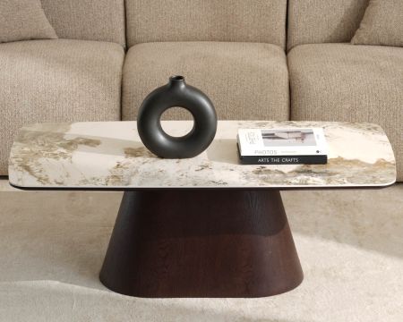 Tavolino con piano in ceramica effetto pietra naturale “Oria” e base centrale effetto wengé