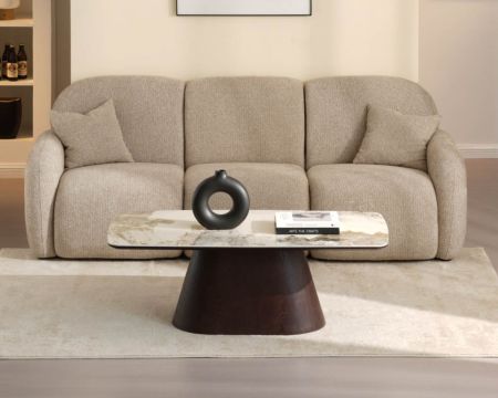 Tavolino con piano in ceramica effetto pietra naturale “Oria” e base centrale effetto wengé