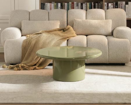 Tavolino rotondo da 80 cm dal design minimalista, laccato verde salvia, modello "Nalya" con base centrale