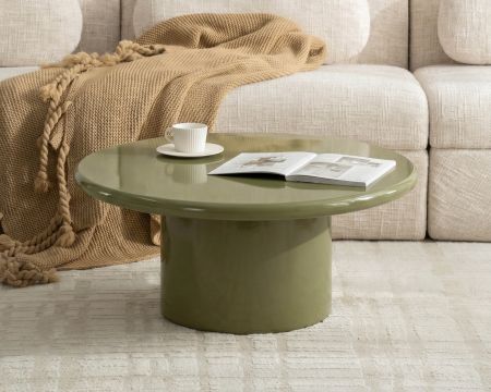 Tavolino rotondo da 80 cm dal design minimalista, laccato verde salvia, modello "Nalya" con base centrale