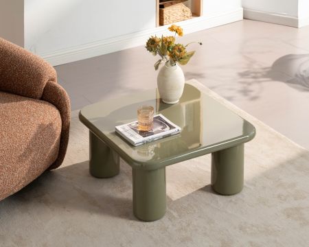 Tavolino quadrato da 70 cm in stile minimalista, color verde salvia, modello "Nalya", con base scultorea
