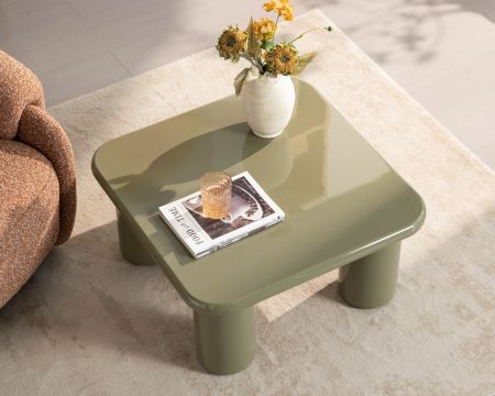 Tavolino quadrato da 70 cm in stile minimalista, color verde salvia, modello "Nalya", con base scultorea