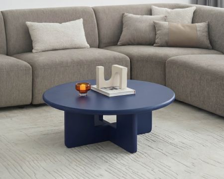 Tavolino rotondo da 80 cm dal design minimalista, blu inchiostro, modello "Nalya", con base scultorea
