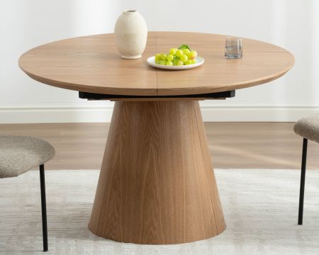 Tavolo da pranzo rotondo "Oria" da 120 cm, allungabile fino a 160 cm, stile raffinato, aspetto rovere