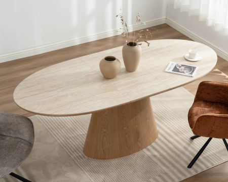 Tavolo da pranzo allungabile 160-200 cm, piano in ceramica effetto travertino “Oria”, base effetto rovere chiaro