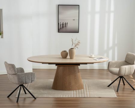 Tavolo da pranzo allungabile 160-200 cm, piano in ceramica effetto travertino “Oria”, base effetto rovere chiaro