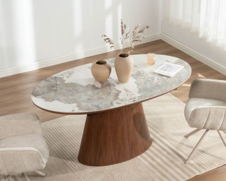 Tavolo da pranzo allungabile da 160 a 200 cm, piano in ceramica effetto pietra naturale “Oria”, base effetto noce