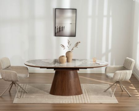 Tavolo da pranzo allungabile da 160 a 200 cm, piano in ceramica effetto pietra naturale “Oria”, base effetto noce