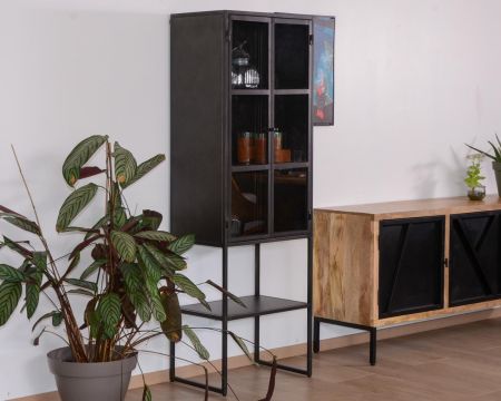 Vetrina a 2 ante in metallo nero e vetro "Black Cook" in stile industriale