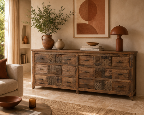 Cassettiera bassa "nepalese" di 195 cm in legno di recupero con 6 cassetti