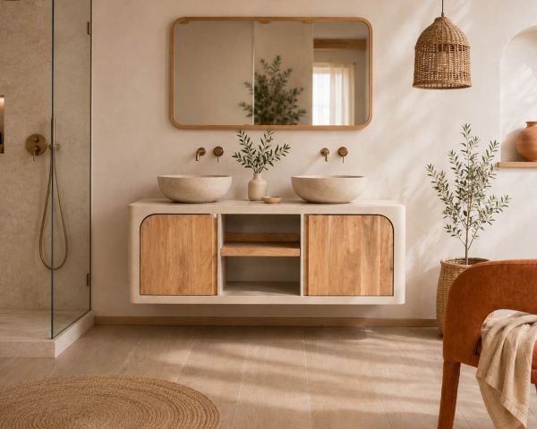 Mobile sottolavabo da 140 cm da appendere “Miona”, dal design organico e dall’effetto cemento sabbiato