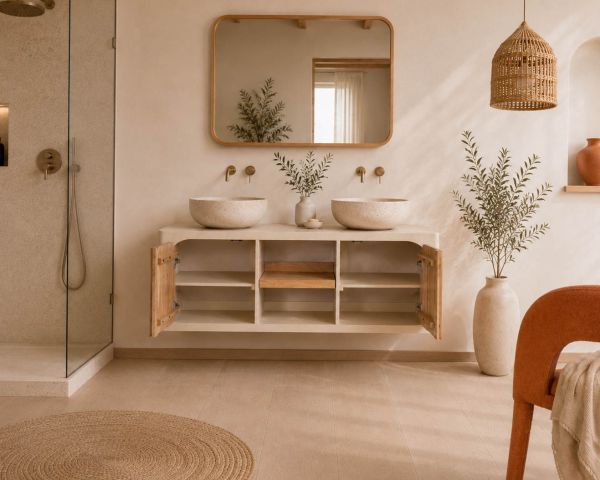 Mobile sottolavabo da 140 cm da appendere “Miona”, dal design organico e dall’effetto cemento sabbiato