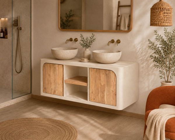 Mobile sottolavabo da 140 cm da appendere “Miona”, dal design organico e dall’effetto cemento sabbiato