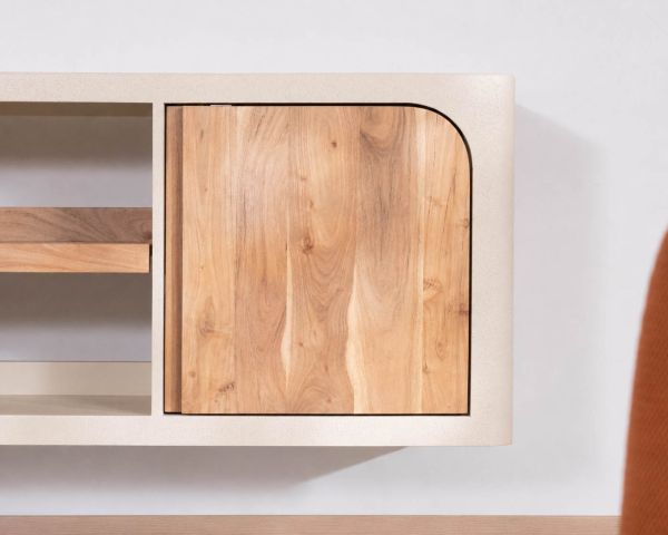 Mobile sottolavabo da 140 cm da appendere “Miona”, dal design organico e dall’effetto cemento sabbiato