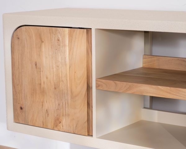 Mobile sottolavabo da 140 cm da appendere “Miona”, dal design organico e dall’effetto cemento sabbiato