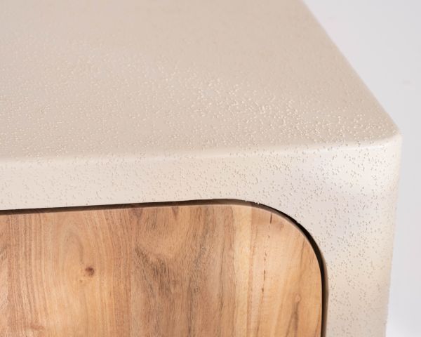 Mobile sottolavabo da 140 cm da appendere “Miona”, dal design organico e dall’effetto cemento sabbiato