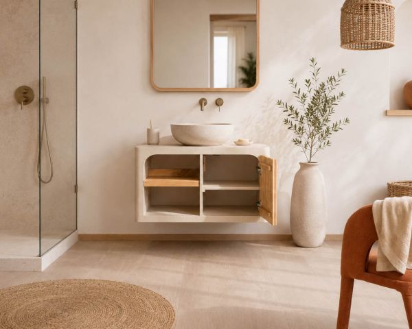 Mobile sottolavabo da 90 cm da appendere “Miona”, dal design organico e dall’effetto cemento sabbiato