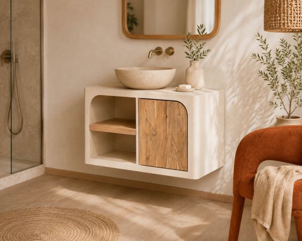 Mobile sottolavabo da 90 cm da appendere “Miona”, dal design organico e dall’effetto cemento sabbiato