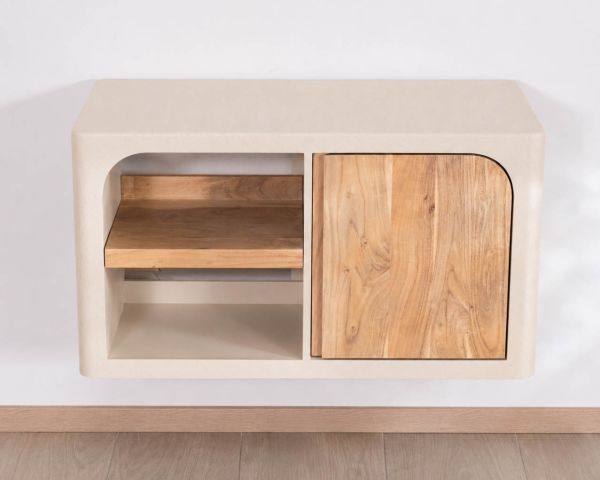 Mobile sottolavabo da 90 cm da appendere “Miona”, dal design organico e dall’effetto cemento sabbiato