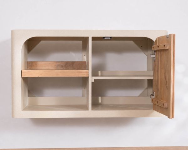 Mobile sottolavabo da 90 cm da appendere “Miona”, dal design organico e dall’effetto cemento sabbiato