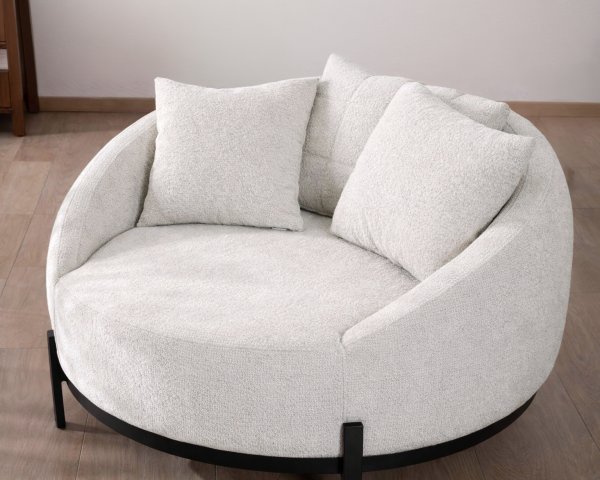 Poltrona rotonda "Sweet Culture" 120 cm in tessuto bianco screziato e cuscini in velluto a coste