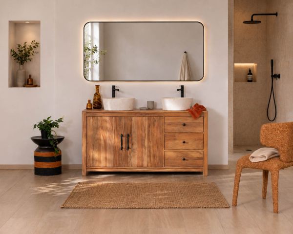 Grande mobile sottolavabo doppio in legno riciclato "Mokal" da 150 cm in stile casa di campagna