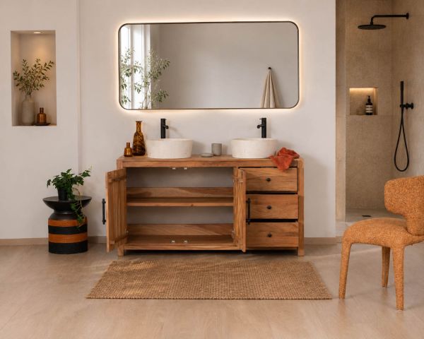 Grande mobile sottolavabo doppio in legno riciclato "Mokal" da 150 cm in stile casa di campagna