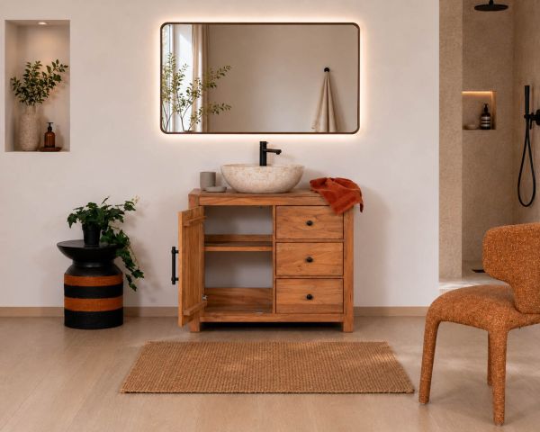 Mobile sottolavabo da 80 cm in legno riciclato "Mokal", in stile casa di campagna