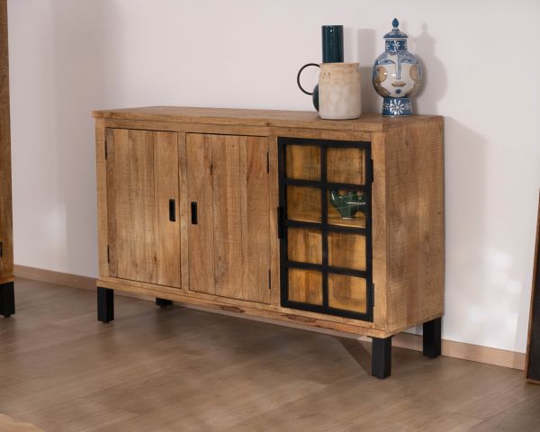Piccola credenza in legno massello di mango con vetrina "Manelo" 145 cm