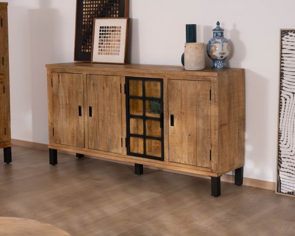 Credenza contemporanea in legno massello di mango a 3 ante con vetrina “Manelo” da 175 cm