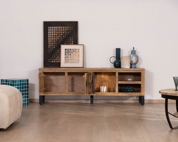 Mobile TV contemporaneo in legno massello di mango con anta a vetri "Manelo" 175 cm